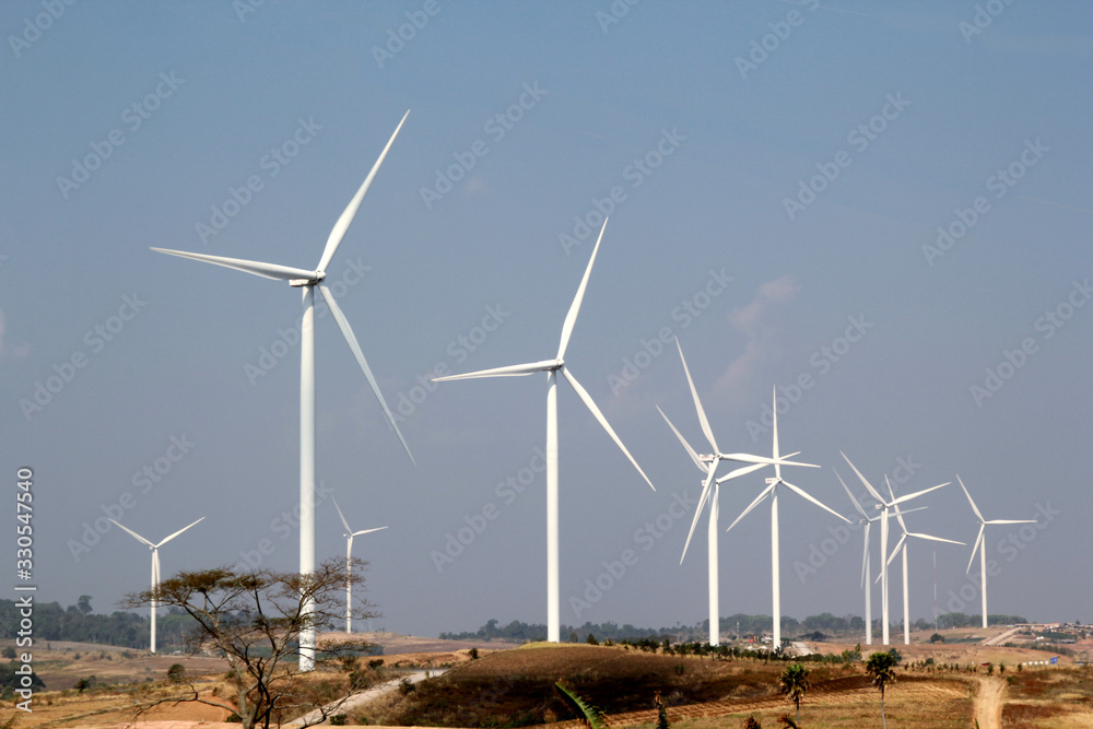 Wind farm eco field., Wind turbines on beautiful sunny summer autumn mountain landsape.