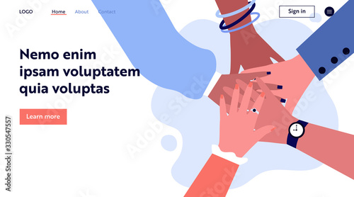 Arms of multiethnic women making unity, togetherness and support gesture. Stack of female hands. Vector illustration for teamwork, cooperation, feminism, community, cooperation concept