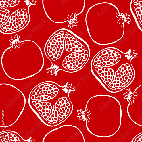 Seamless pattern with pomegranate  hand drawn fruits elements. Vegetarian wallpaper. For design packaging, textile, background, design postcards and posters.