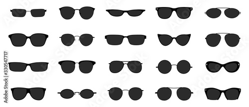 Sunglasses icon set. Black glasses optic frames silhouette. Sun lens ocular with plastic rims. Vector illustration stylish isolated objects on white photo