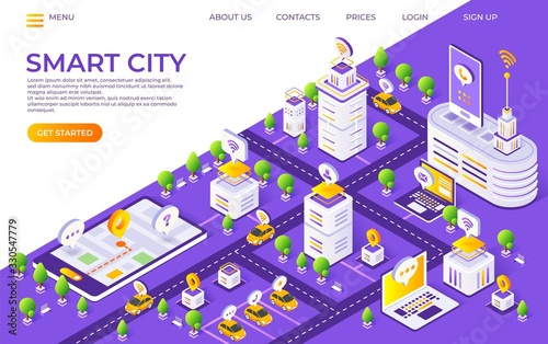 Isometric city landing page. Smart town concept with futuristic buildings and transport. Vector illustration global technology web page cities innovation platform