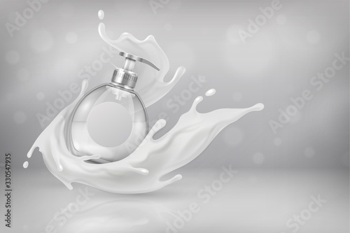 Dispenser background. Lotion and cream container mockup for cosmetic advertising, white shampoo bottle. Vector dispenser design on realistic splash and drops background