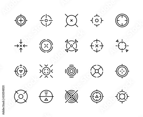 Target aim icons. Shooter game bullseye mark, military accuracy sight for sniper shot, line circles and cross. Vector target symbols focus snipers point or cursor logo