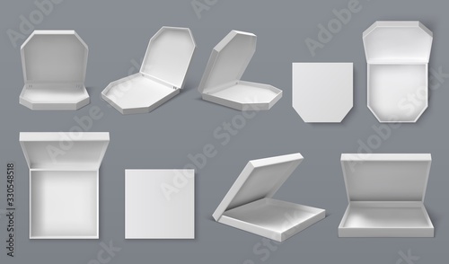 Realistic pizza box. White cardboard blank food package mockup for branding and advertisement design, food delivery service. Vector empty pizza box set isolated collection on gray background
