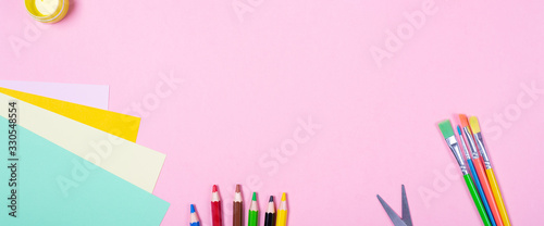  Banner Bright Watercolours  Brushes  blank colored paper on pink background. Free space. School begins art concept