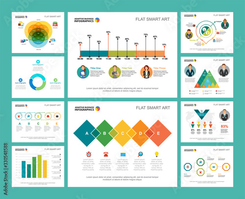 Colorful finance or research concept infographic charts set. Business design elements for presentation slide templates. Can be used for financial report, workflow layout and brochure design.