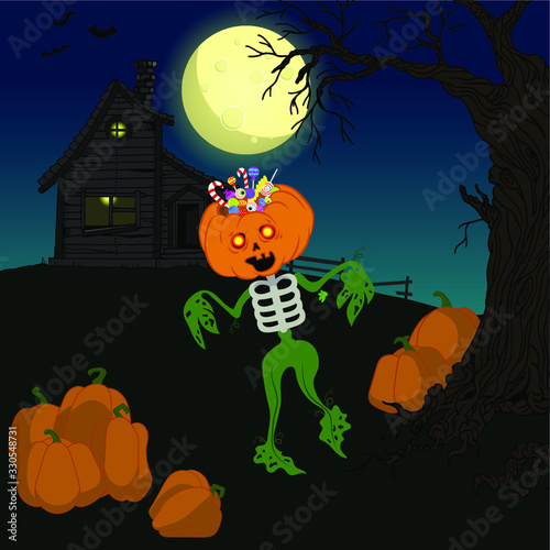 Scarecrow pumpkin skeleton with sweets and scary candies on a background of a haunted house and a full moon. Halloween night vector illustration.