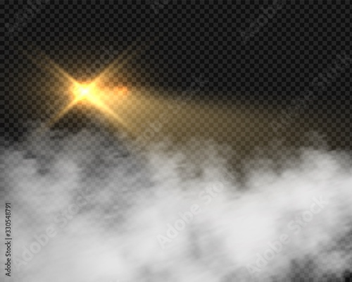 Glow motorcycle headlight in smoke. Beacon yellow lights with blurred mist. Vector light effect in fog isolated on transparent background