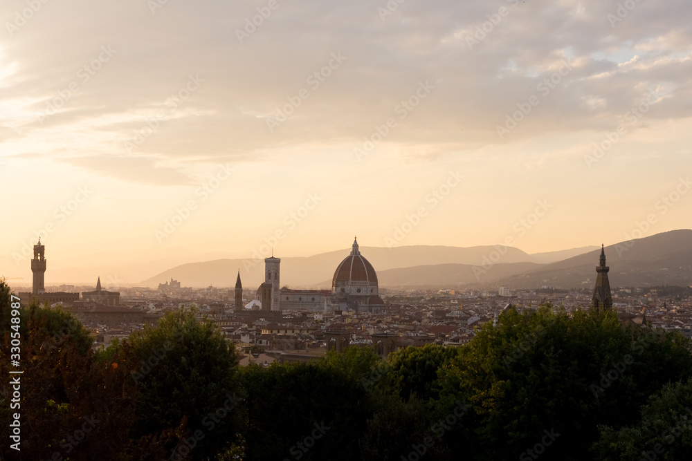 Dark shadow Panoramic sunset view of Florence, Ponte Vecchio, Palazzo Vecchio and Florence Duomo, Italy Wow sky