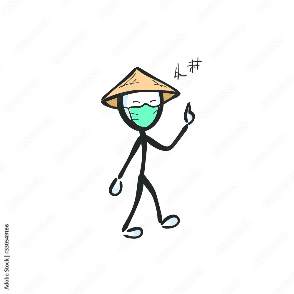 Obraz premium Chinese man with medical face mask against virus. Face protection. Doctor nurse blue facemask. Coronavirus sick. Hand drawn. Stickman cartoon. Doodle sketch, Vector graphic illustration