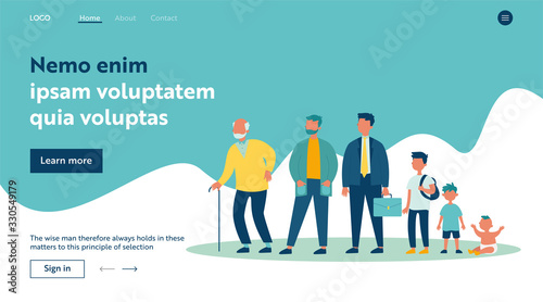 Male cartoon characters of different generation. Man in ages of baby, kid, teenage boy, adult, senior person with cane. Vector illustration for life cycle, growing, development concept