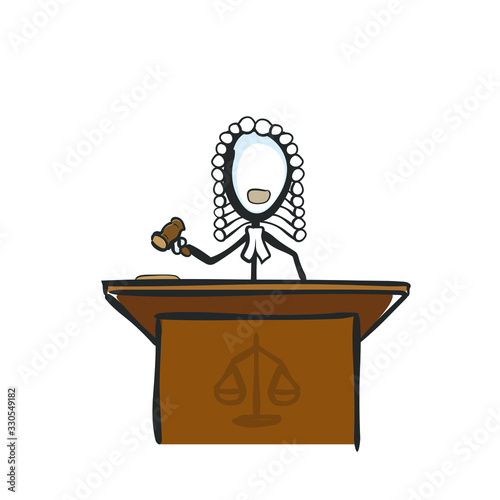 Judge sentence according to constitution law in civil or criminal court. Justice dispute. Hand drawn. Stickman cartoon. Doodle sketch, Vector graphic illustration
