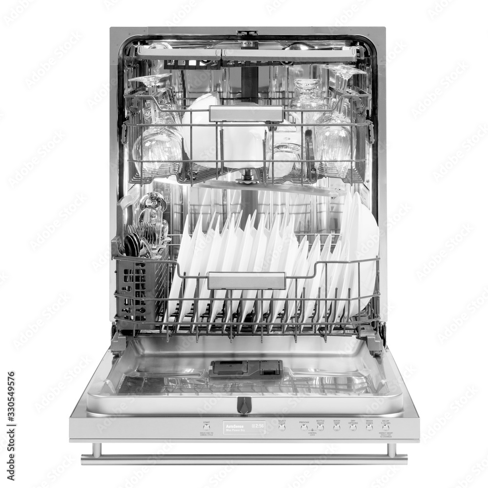 Open Dishwasher Isolated on White. Modern Stainless Steel Fully Integrated Dishwasher Range