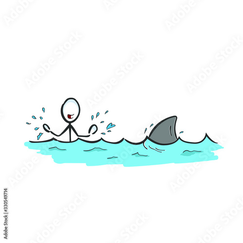 Man in danger. Shark in the sea. Ocean deep water shark attack. Hand drawn. Stickman cartoon. Doodle sketch, Vector graphic illustration