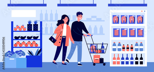 People buying food at supermarket flat vector illustration. Cartoon customers with cart walking down aisle, choosing products and grocery goods in store. Retail and consumerism concept.