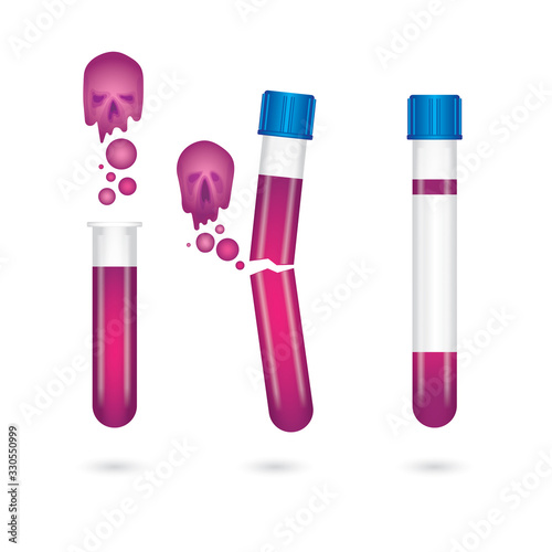 Realistic broken medical virus test tube with dangerous and deadly disease vector illustrations set. Part of collection.