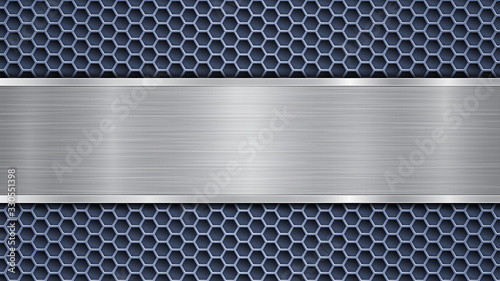 Background of blue perforated metallic surface with holes and horizontal silver polished plate with a metal texture, glares and shiny edges