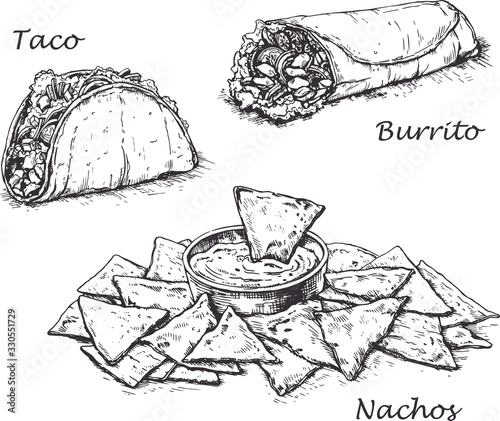 Mexican traditional food. Hand drawn sketch vector illustration. Vintage Mexico cuisine set.Taco,nachos,burrito.
