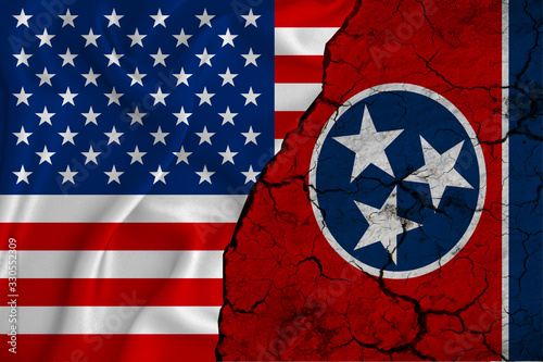 United States flag weaving texture with  flag of Tennessee on cracked ground, concept of state drought.