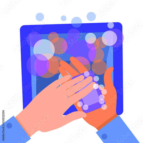 Human washes hands with soap to prevent and protect from virus and bacteria, intestinal infection, diarrhea and flu. Basic hygiene rules concept. Flat isolated vector. Sink with foam bubbles. 