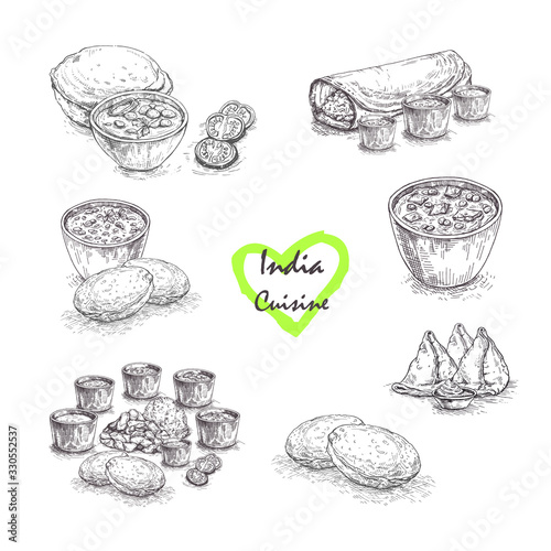Indian food illustration. Hand drawn sketch.Indian cuisine. Doodle collection. Vector illustration.Menu background. Engraved style.Traditional dishes:curry, pilaf, naan bread, samosas, paneer, chutney