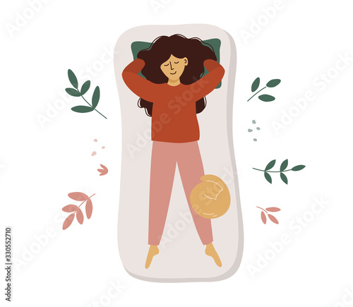 Young woman sleeps on back with hands behind head. Lady sleeping in different poses. Vector illustration of cute girl and cat in bed. Healthcare poster. Good or sweet dream concept. Advert of mattress