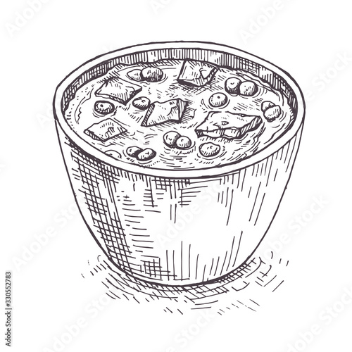 Illustration indian cuisine.traditional vegetarian curry paneer matar sabji masala sketch.Matar paneer-cottage cheese and peas in a rich tomato sauce is a classic traditional North Indian curry.