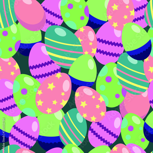 Colored easter eggs on seamless pattern. Traditional colorful christian holiday symbol ornament for wrapping paper, table cloth, napkins, decor or banner. Bright flat vector stock illustration.