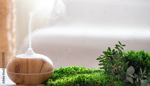 Modern Aromatic oil diffuser with fresh herbs . photo