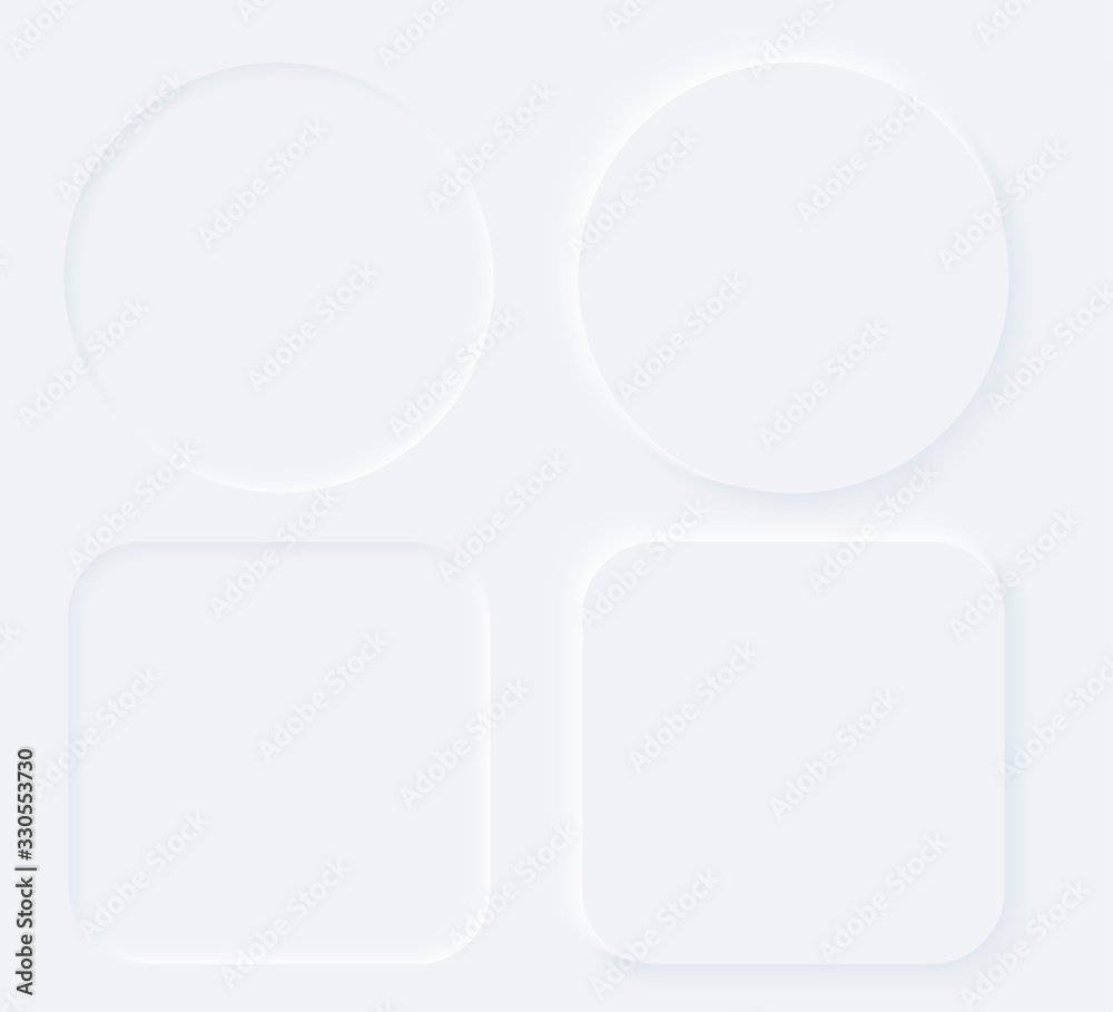 Bright white gradient buttons. Internet symbols on a background. Neumorphic effect icons. Shaped figure in trendy soft 3D style. Circle ellipse and cube set