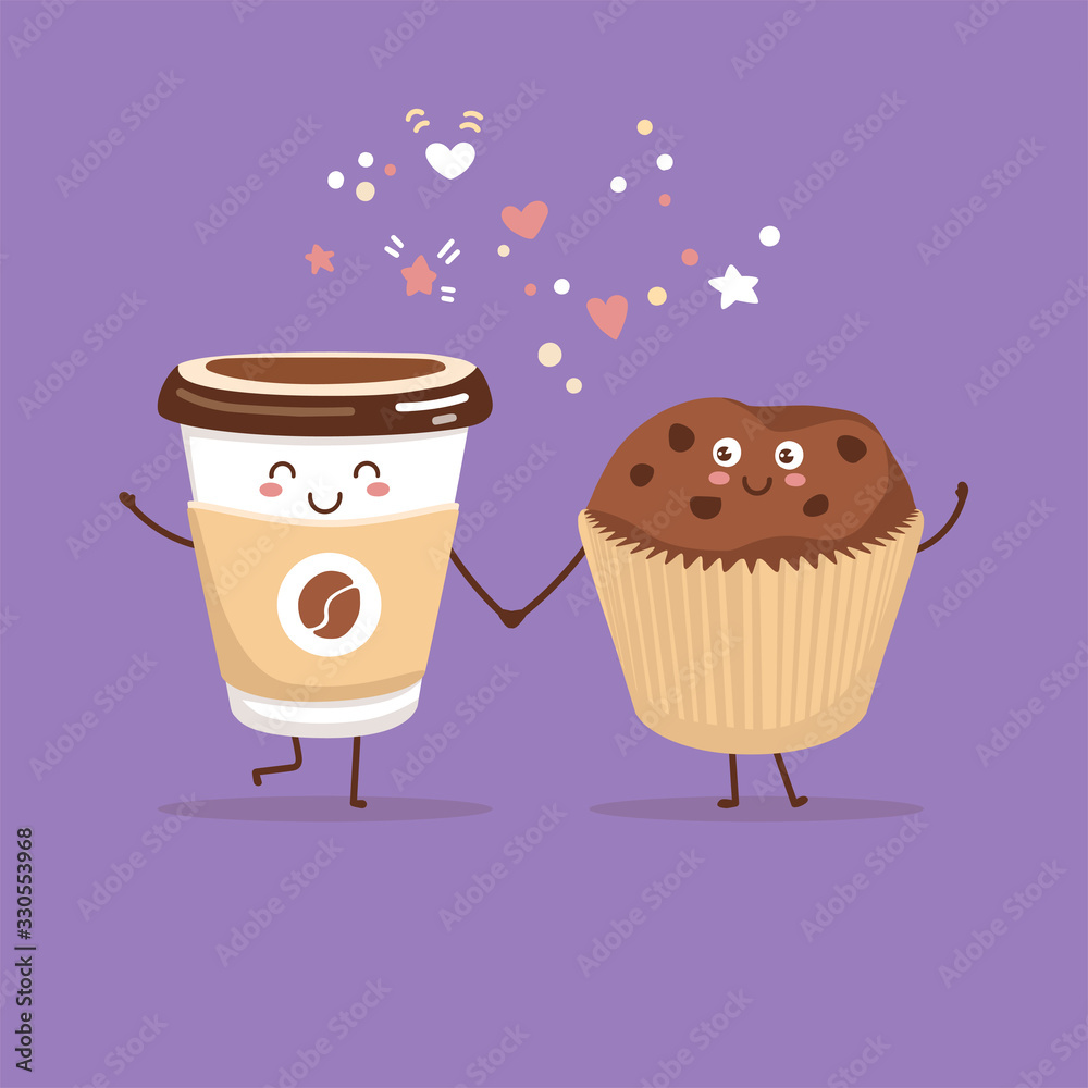 Cute vector illustration of coffee to go cup and a sweet chocolate muffin. Kawaii food characters. Couple of smiling hot beverage and a tasty snack. Cute card and poster design for a cafe or a bakery. Cute vector illustration of coffee to go cup and a sweet chocolate muffin. Kawaii food characters. Couple of smiling hot beverage and a tasty snack. Cute card and poster design for a cafe or a bakery.