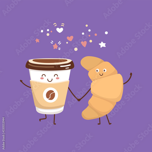 Cute vector illustration of coffee to go cup and a fresh croissant. Kawaii food characters. Couple of smiling hot beverage and tasty snack. 