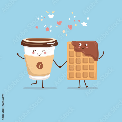 Cute vector illustration of coffee to go cup and a chocolate waffle. Kawaii food characters. Couple of smiling hot beverage and a sweet snack. Lovely card and poster design for a cafe or a bakery.