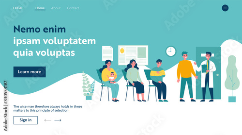 Queue of patient sitting at therapist office in clinic. People visiting medical practitioner for examination in hospital. Vector illustration for doctor, healthcare, medicine, health concept