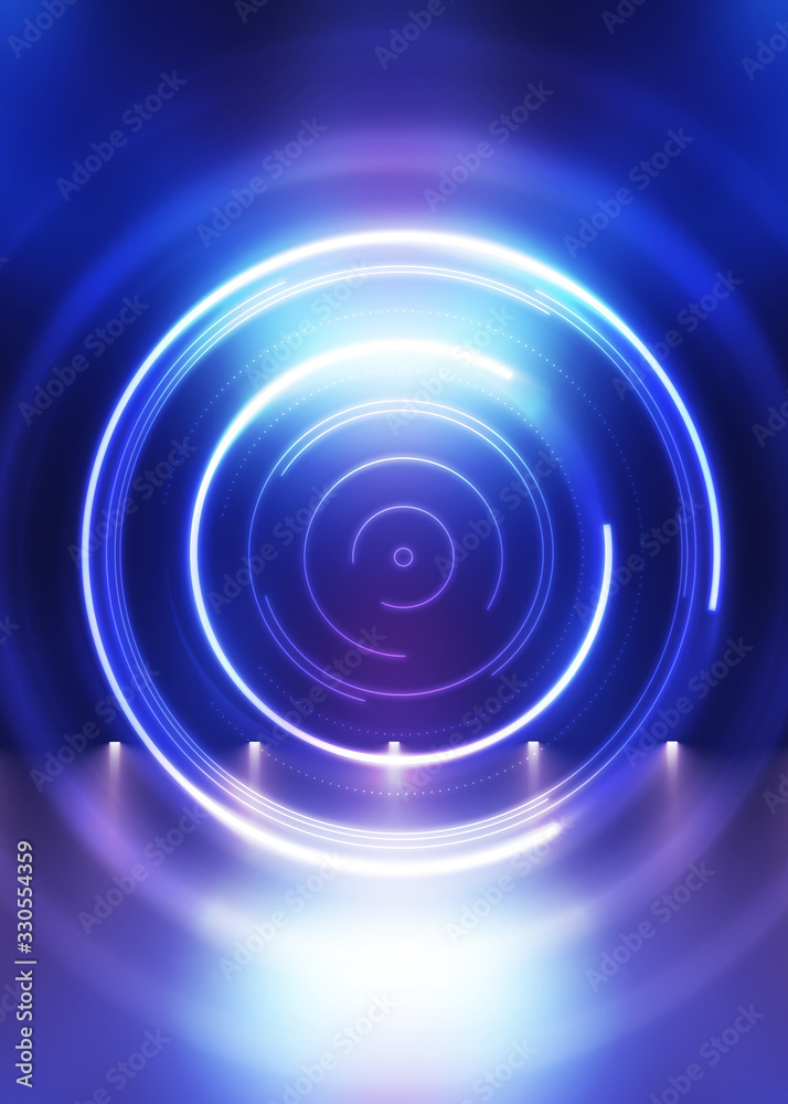 Dark abstract futuristic background. The geometric shape of the cyber circle in the middle of the scene. Neon blue-pink rays of light on a dark background Dark abstract futuristic background. The geometric shape of the cyber circle in the middle of the scene. Neon blue-pink rays of light on a dark background