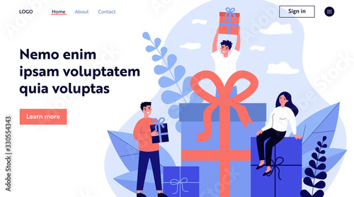 Loyal customers getting gifts and bonuses from store. Happy young people receiving gift boxes. Vector illustration for reward, loyalty program, promotion, marketing concept