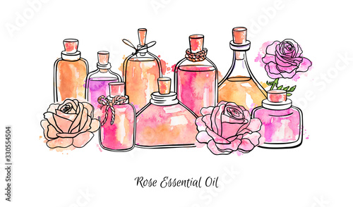 Rose essential oil. Hand drawn vector illustration of glass bottles in sketch style. Beautiful flasks, flowers for aromatherapy. Black ink outline, bright colorful watercolor texture isolated on white
