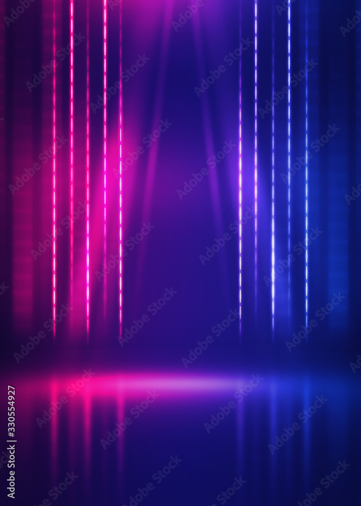 Background empty show scene. Ultraviolet dark abstract background. Geometric neon shapes, neon glow, blue and pink lighting Background empty show scene. Ultraviolet dark abstract background. Geometric neon shapes, neon glow, blue and pink lighting
