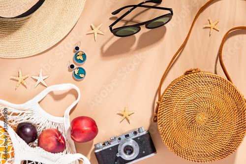 Flatlay set on yellow backdrop. Summer background. Flat lay, top view summert...