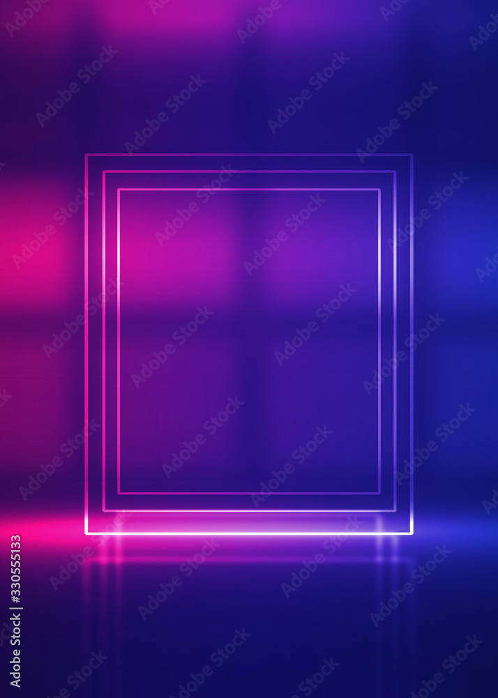 Background empty show scene. Ultraviolet dark abstract background. Geometric neon shapes, neon glow, blue and pink lighting