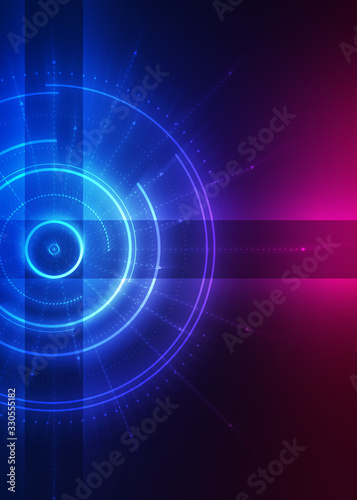 Dark tech abstract background with neon glow. Cyber circle laser figure on abstract background