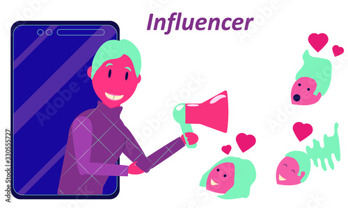 Key opinion leader concept illustration. Blogger with loudspeaker and his followers with different emotions. Simple flat isolated vector. Copy space. Heart likes and mobile phone in blue, pink, purple