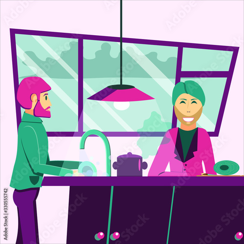 Two young smiling men cook meal, wash plate in kitchen. Gay couple, family, roommates, partners, friends daily indoor routine concept. Flat cartoon vector. Bright colors, window, cabinets, lamp, lgbt