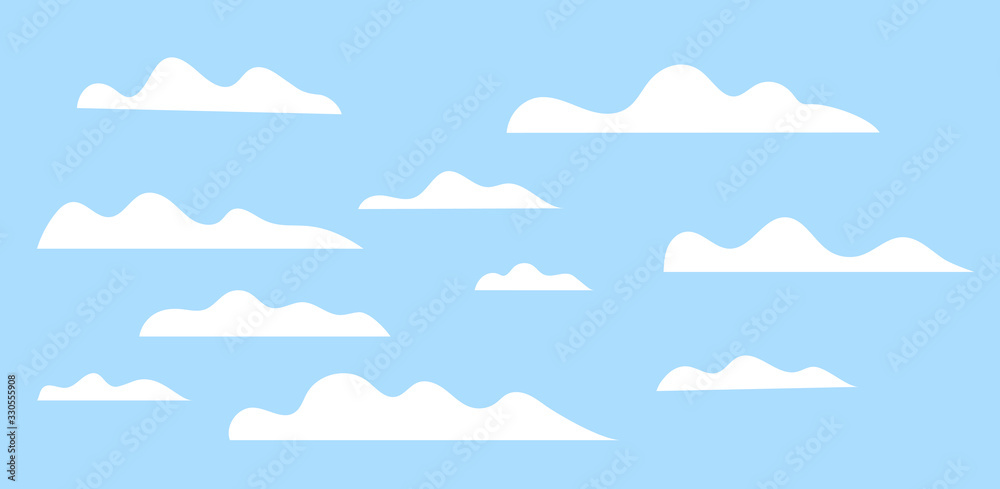 Cloud set. Cartoon white clouds on blue sky. Stylized Design elements collection Cloud set. Cartoon white clouds on blue sky. Stylized Design elements collection