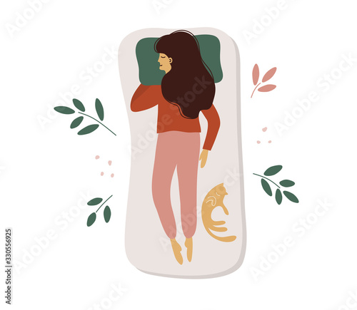 Young woman sleeps on her stomach. Lady sleeping in different poses. Vector illustration of cute girl  plants and red cat in bed. Healthcare  self care poster. Sweet dream concept. Advert of mattress.