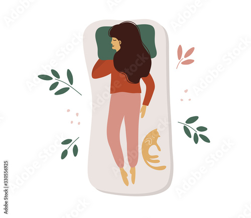 Young woman sleeps on her stomach. Lady sleeping in different poses. Vector illustration of cute girl, plants and red cat in bed. Healthcare, self care poster. Sweet dream concept. Advert of mattress.