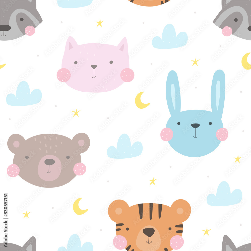 Seamless pattern with cute little bunny, raccoon, tiger, cat, bear. vector illustration. Vector print with rabbit, raccoon, tiger, cat, bear