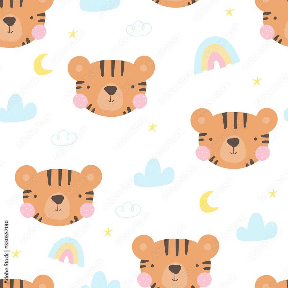 Seamless pattern with cute little tiger. vector illustration. Vector print with tiger