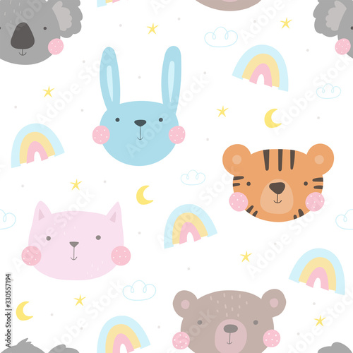Seamless pattern with cute little bunny  koala  tiger  cat. vector illustration. Vector print with rabbit  koala  tiger  cat 
