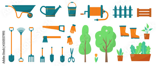 Gardening tools and plants set.